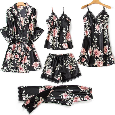 2020 5Pcs Sexy Lingerie Women Silk Lace Pajama Sets Trim Satin Cami Tops Robe Babydoll Sleepwear Nightdress Pajamas Sets