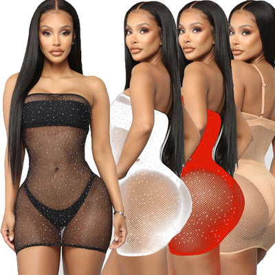 2020 Sexy Lingerie Women Erotic Mini Dress Sequin Mesh Fishnet Bodystockings Ultrathin Sleepwear Sexy Underwear