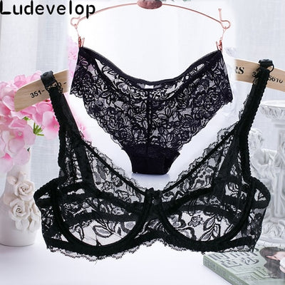 32-40 ABC Cup Intimates Hollow out Lace Bra And Briefs France Sexy Women Ultra-thin Underwear Bra Set Sexy Lingerie Bra Up Sofe