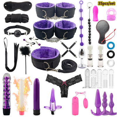 35 Pcs/set Sex Products Sex Toys for Women  BDSM Sex Bondage Set Anal Plug Dildo Vibrator Whip Handcuffs Adult Toys Slave Game