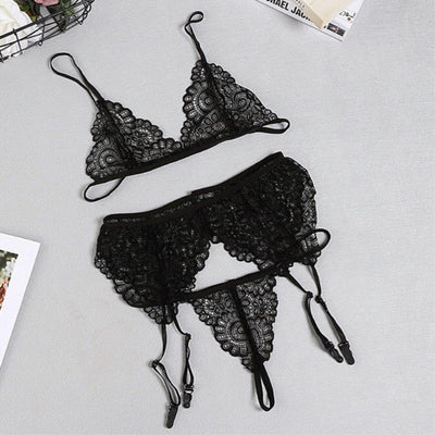 3pcs Set Women Transparent Bra Set & Garter Black Sexy Lingerie Set Lace Lenceria Plus Size Underwear Bra And Panty Set