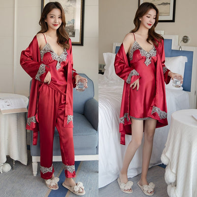 4PCS Satin Sleepwear Lady Pajamas Suit Nighty&Robe Suit Sexy Intimate Lingerie Casual Bridal Wedding Gift Homewear Nightgown