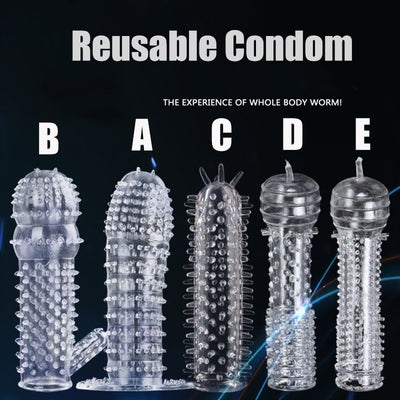 5 Types Reusable Condom Penis Extender Sleeve Screw Thread Cock Ring Dildo Sheath Condoms Delay Ejaculation Sex Toys for Men