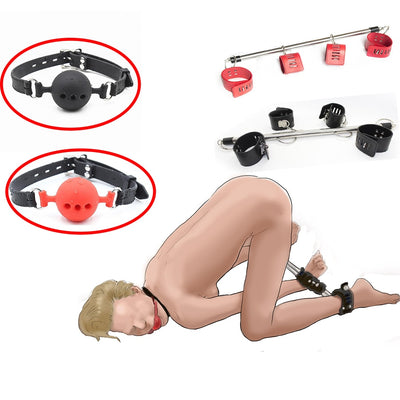 Bondage Spreader Bar Hand Cuffs Ankle Cuffs,FULL Silicone Ball Gag Restraints,Exotic Leg Opener, Sexy Costume