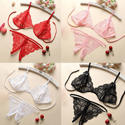 Babydoll 2Pcs Women's Pajamas Sexy Lingerie Thongs +Bras Lace Transparent Panties Sexy Costumes Underwear Female Erotic Lingerie