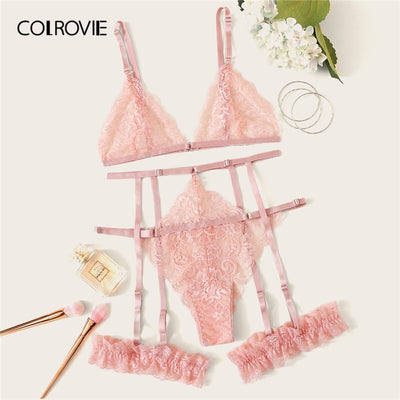 Scalloped Trim Floral Lace Garter Lingerie Set Women Bralettes Intimates 2019 Bra and Thongs Ladies Sexy Sets