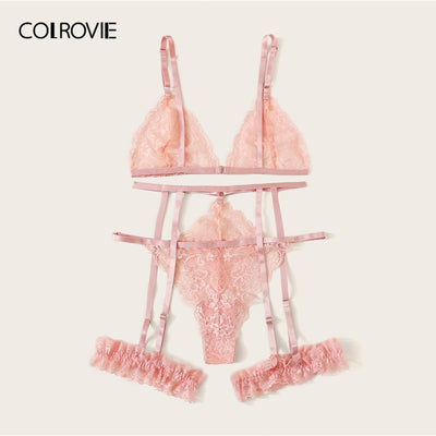 Scalloped Trim Floral Lace Garter Lingerie Set Women Bralettes Intimates 2019 Bra and Thongs Ladies Sexy Sets