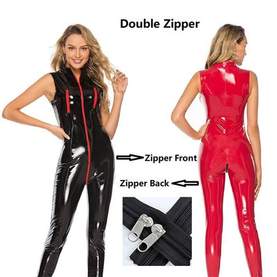 Double Zipper Faux Leather Bodycon for Women Zipper Open Crotch Bodysuit for Sex Ladies Long Slim Glossy PVC Leather Lingerie