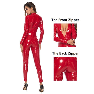 Double Zipper Faux Leather Catsuit for Women Porn Open Crotch Jumpsuits for Sex Ladies Long Slim Glossy Leather Lingerie Set