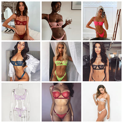 Sexy Women Bra Set Push Up Lingerie Underwear Set Low Cup Balck Transparent Strap Women Sexy Bra Set