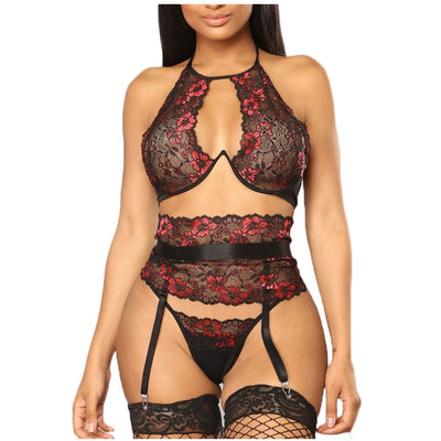 Exotic Set Women Sexy Embroidery Flowers Plus Size Underwire Hollow Bra Panty Garter Seamless Halter Lingerie Briefs G-String