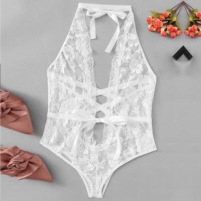 Fashion Women Sexy Lingerie Erotic Girl Low Back Cross Floral Lace Sleepwear Babydoll Temptation Erogenous Bodysuit Sex Set