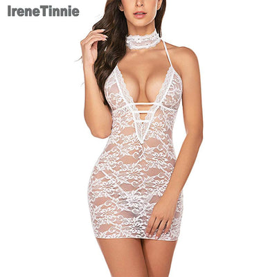 Women Clubwear Lace Teddy Lingerie Sexy Deep V Halter One Piece Transparent Dress Bodysuit Nightdress Sexy Lingerie