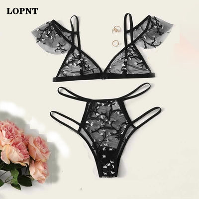 Sexy Underwear Women Set Floral Embroidery Sheer Mesh Lingerie Set  No Bra  Backless Bralette Sexi Intimates Lace Bra Set