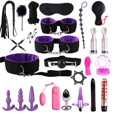 Lots Sex Toys for Women Men Handcuffs Nipple Sucker Nipple Clamps Whip Spanking Sex Butt Bdsm Vibrator Bondage Set