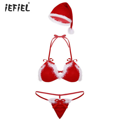 Red Color Womens Soft Velvet Sexy Santa Lingerie Christmas Costume Cosplay Erotic Set Halter Neck Hot Bikini Set Sissy Underwear