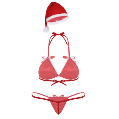 Red Color Womens Soft Velvet Sexy Santa Lingerie Christmas Costume Cosplay Erotic Set Halter Neck Hot Bikini Set Sissy Underwear