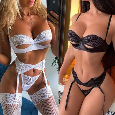 S-3XL Plus Size Women Sexy Lingerie Lace Babydoll Open Bra Set G-String Erotic Underwear Nightwear Bra Set