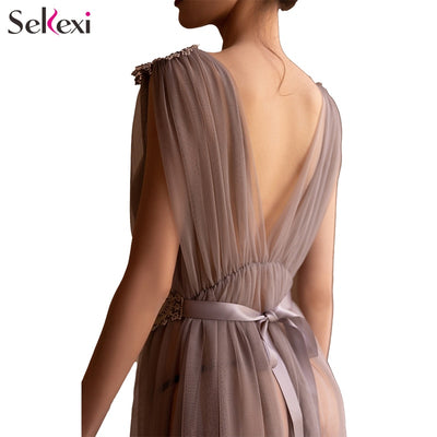 Women Long Transparent Dress Hot Erotic Perspective Lingerie Gauze Style Hollowed Split Sleepwear Sexy Bottom Pajamas