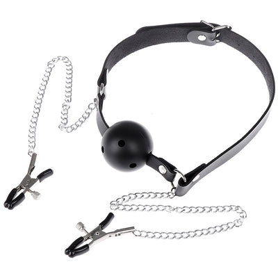 Sexy Toys PU Leather Mouth Gag Ball Oral Sex with Chain Clip Breast Nipple Clamps Fetish Bondage Harness Erotic Sex Adult Toy