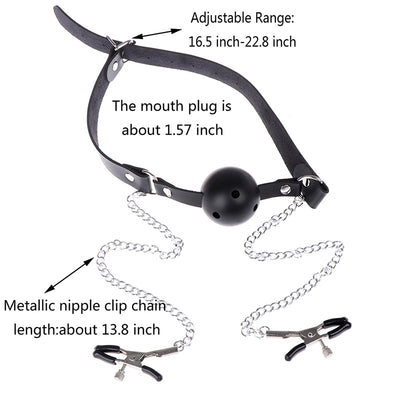 Sexy Toys PU Leather Mouth Gag Ball Oral Sex with Chain Clip Breast Nipple Clamps Fetish Bondage Harness Erotic Sex Adult Toy