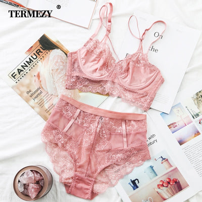 Classic Bandage Pink Bra Set Lingerie Push Up Brassiere Lace Underwear Set Sexy High-Waist Panties for Women Underwear