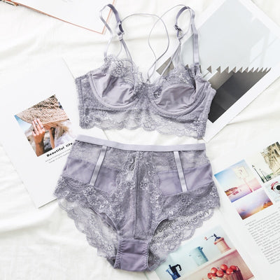 Classic Bandage Pink Bra Set Lingerie Push Up Brassiere Lace Underwear Set Sexy High-Waist Panties for Women Underwear