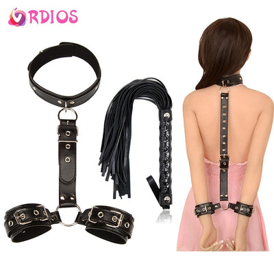 Erotic Sex Toys for Couples Woman Sexy BDSM Bondage Handcuffs Neck Collar Whip for Adult Toys Slave Sex Accessories