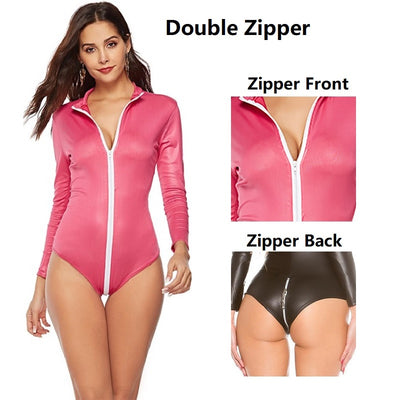 Women Plus Size Soft Leather Bodycon Below Open Crotch Bodysuit for Sex Ladies Sexy Ultra-thin Leather Leotard with Doule Zipper