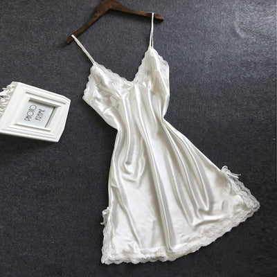 Women Satin Sexy Bowknot Lace Lingerie Babydoll V-neck Sleepdress Underwear
