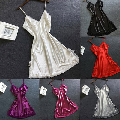 Women Satin Sexy Bowknot Lace Lingerie Babydoll V-neck Sleepdress Underwear