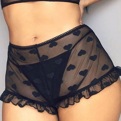 Women Sexy Bedroom Sleep Wear Valentine's Day Gift  Sheer Mesh Heart Pattern Frill Hem Lingerie Sets