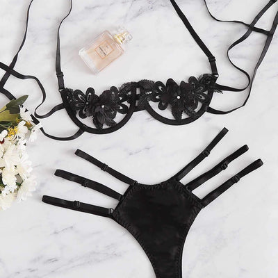 Women Sexy Lingerie Lace Satin Hollow Out Floral Sheer Lace Tops Bra Thong Underwear Set Erotic Sex Costume
