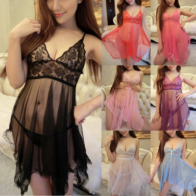 Women's Robe Sets Lace Bathrobe Nightwear Sheer Pajamas Plus Size V-Neck Sexy Mini Nightdress Sleepwear Sexy Underwear Lingerie