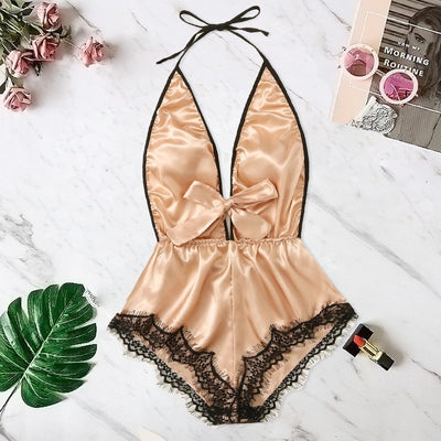 Sexy Lingerie Erotic Women V-Neck Hot Lace Stain Bow Lingerie Sleepwear Pajamas Silk Nightdress бесшовные трусы струны